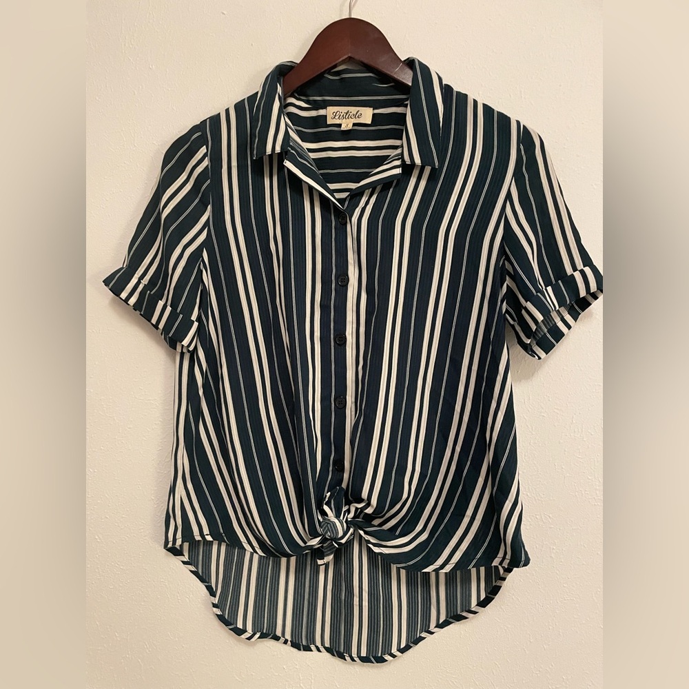 Listicle Navy/green and White Striped Button-Down Shirt